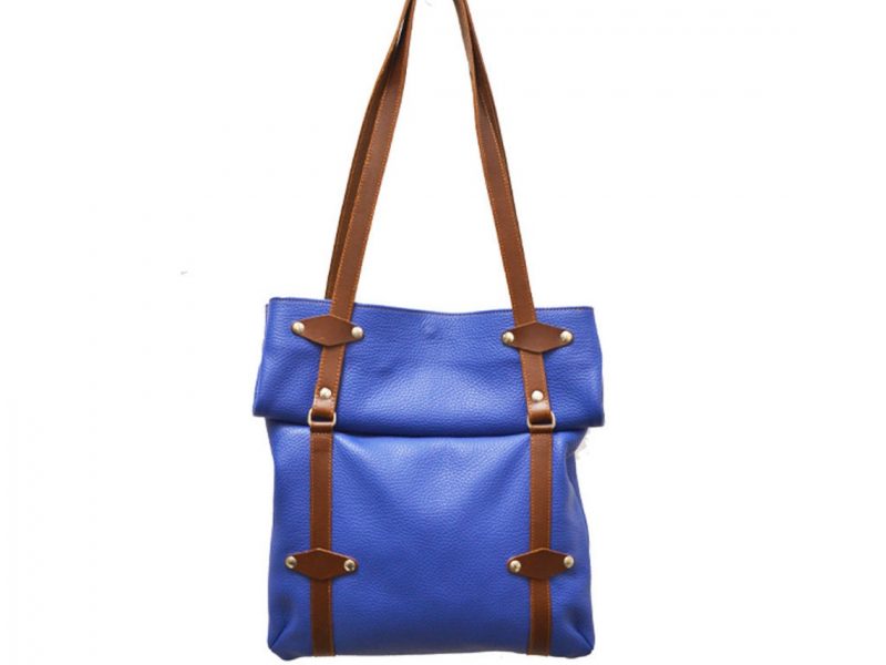 leather tote bag,blue tote bag,hand made in london,brown strap,blue leather tote bag with brown handels