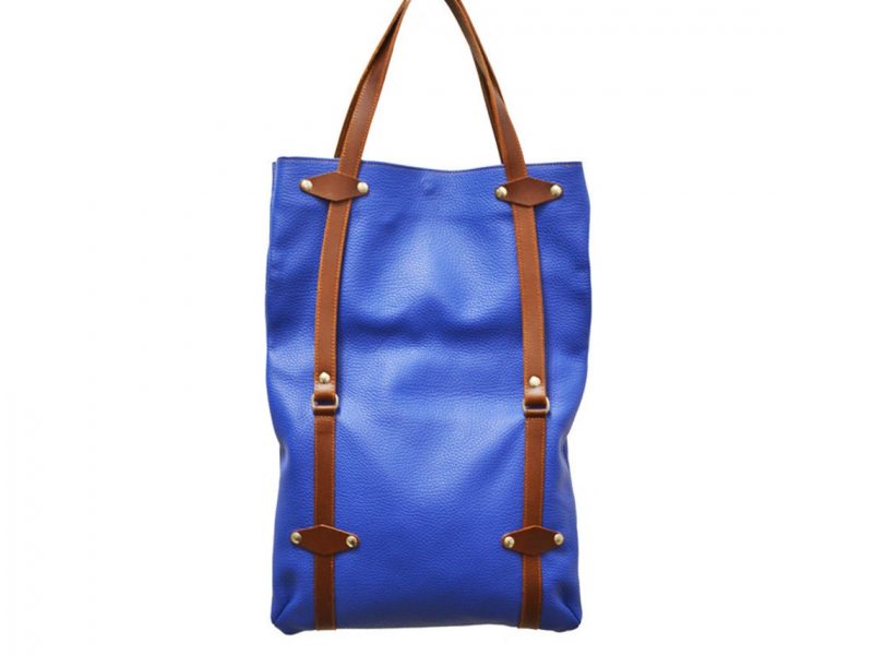 leather tote bag,blue tote bag,hand made in london,brown strap,blue leather tote bag with brown handels