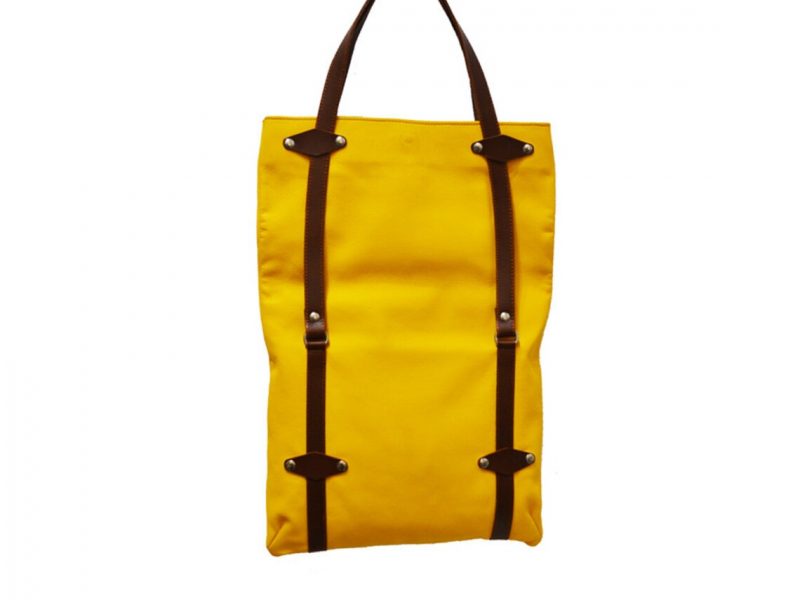 leather tote bag,yellow tote bag,hand made in london,brown strap,yellow leather tote bag with brown handels/handcrrafted /italian leather